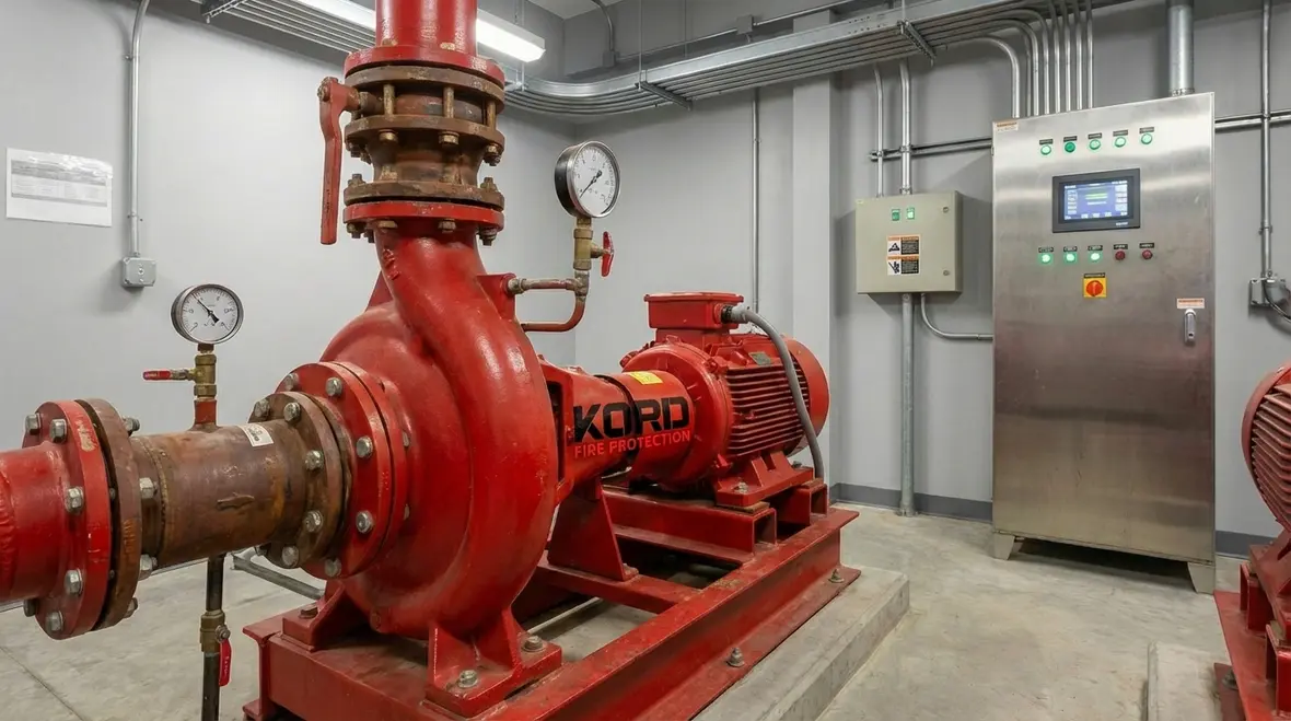 Technician reviewing fire pump controller and start settings
