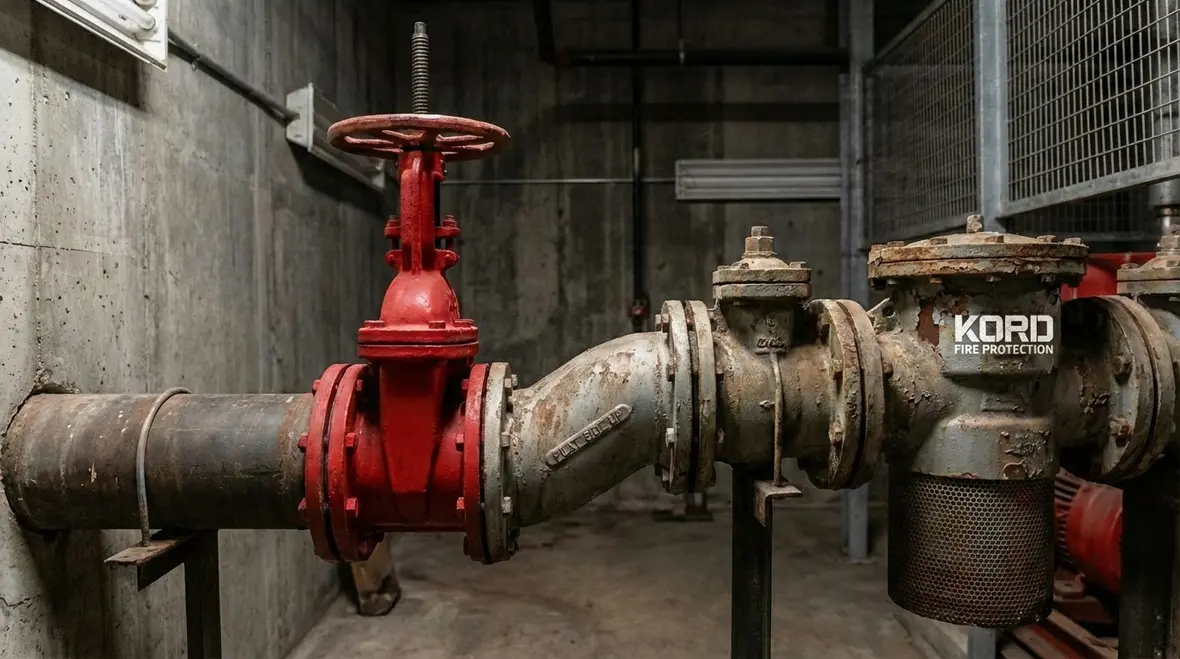 Technician inspecting fire pump suction piping for reliability