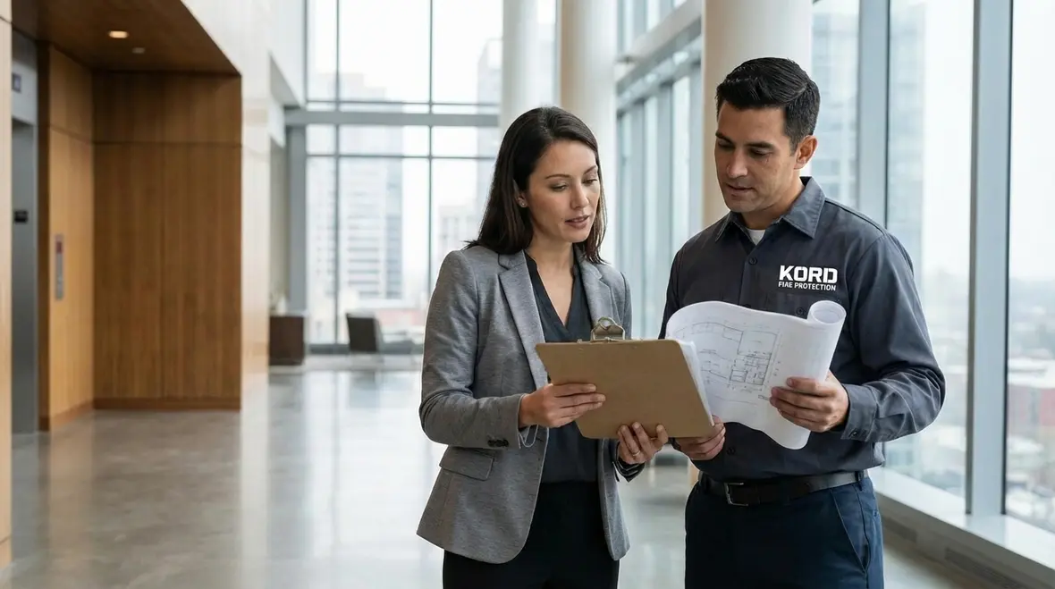 Los Angeles property manager reviewing fire protection maintenance schedule