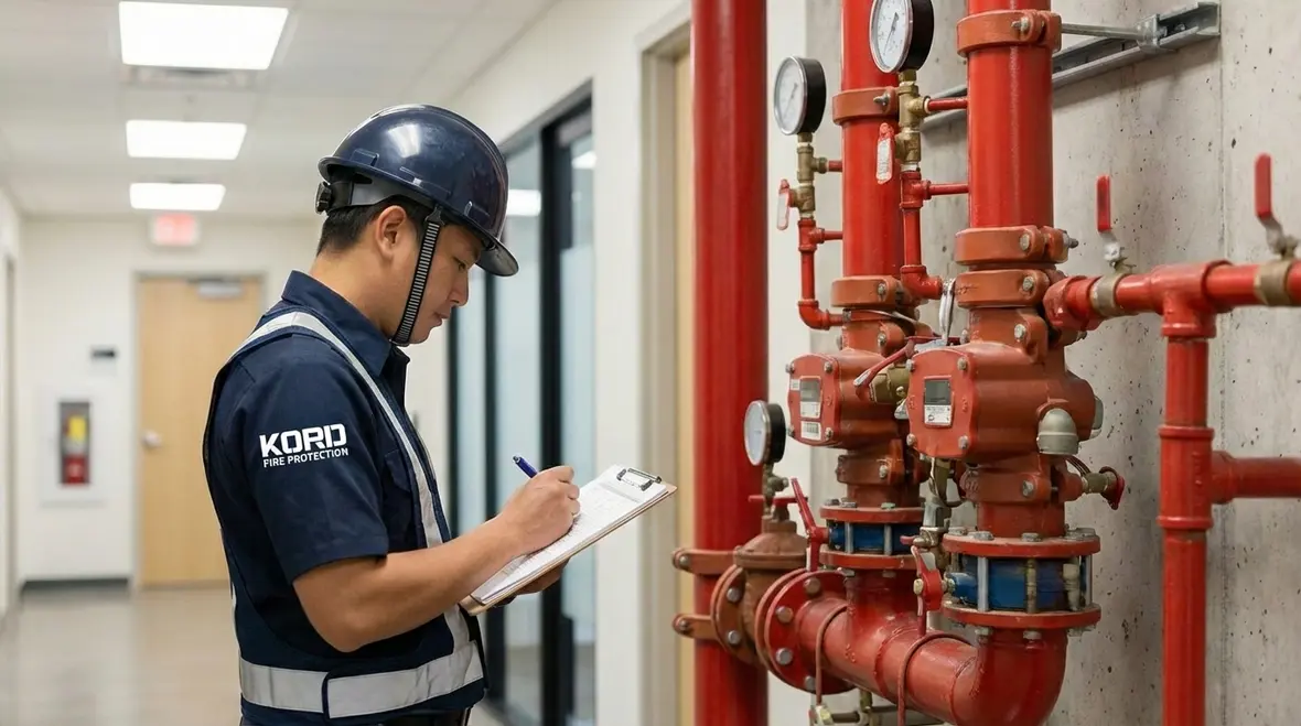 Inspector checking fire sprinkler heads for code violations