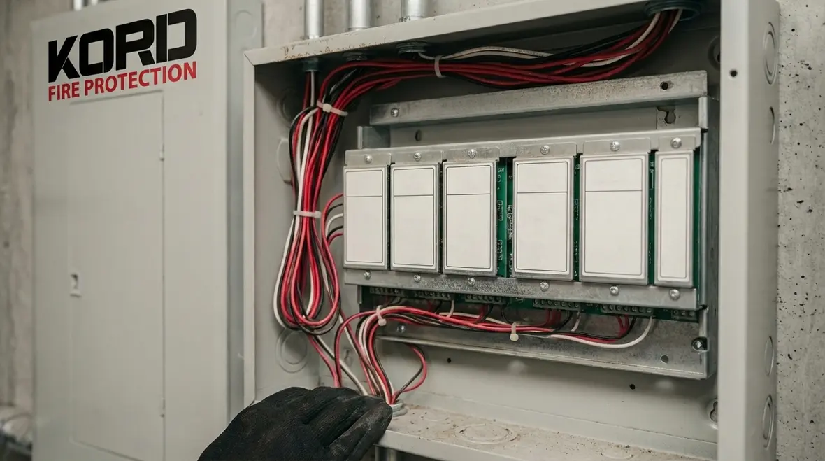 Technician inspecting interconnected fire protection system components