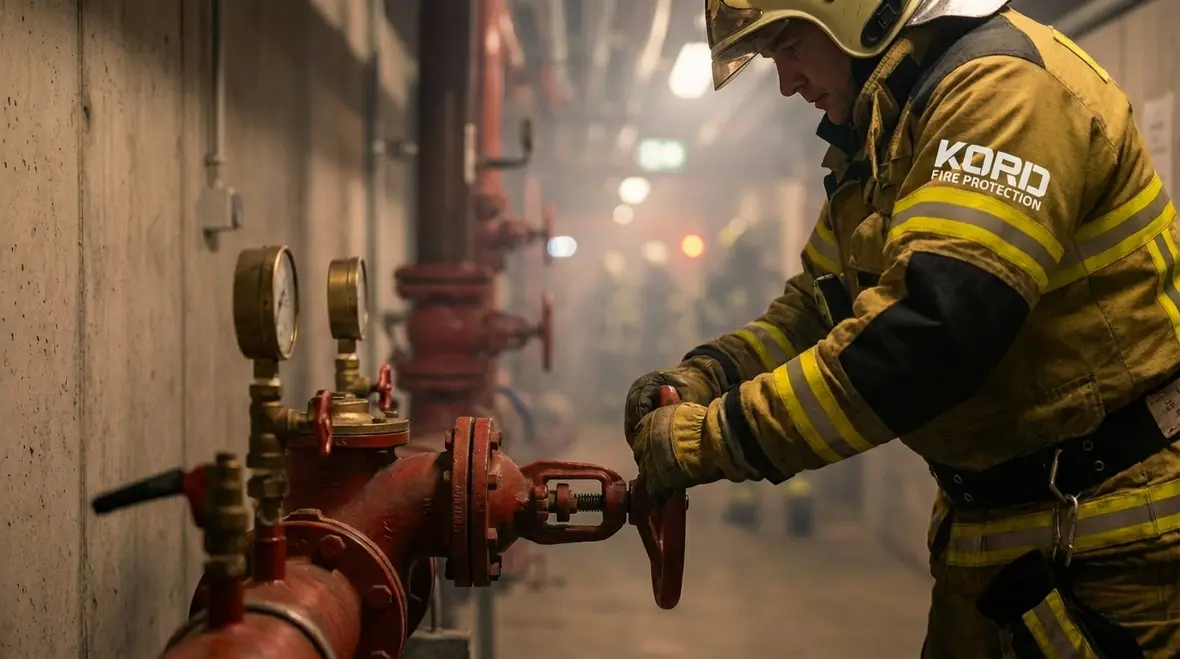 Firefighter operating a floor control valve assembly during an emergency response