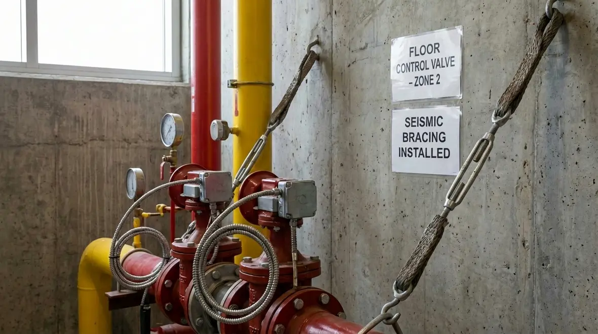 Seismically braced floor control valve assembly in a Southern California stairwell