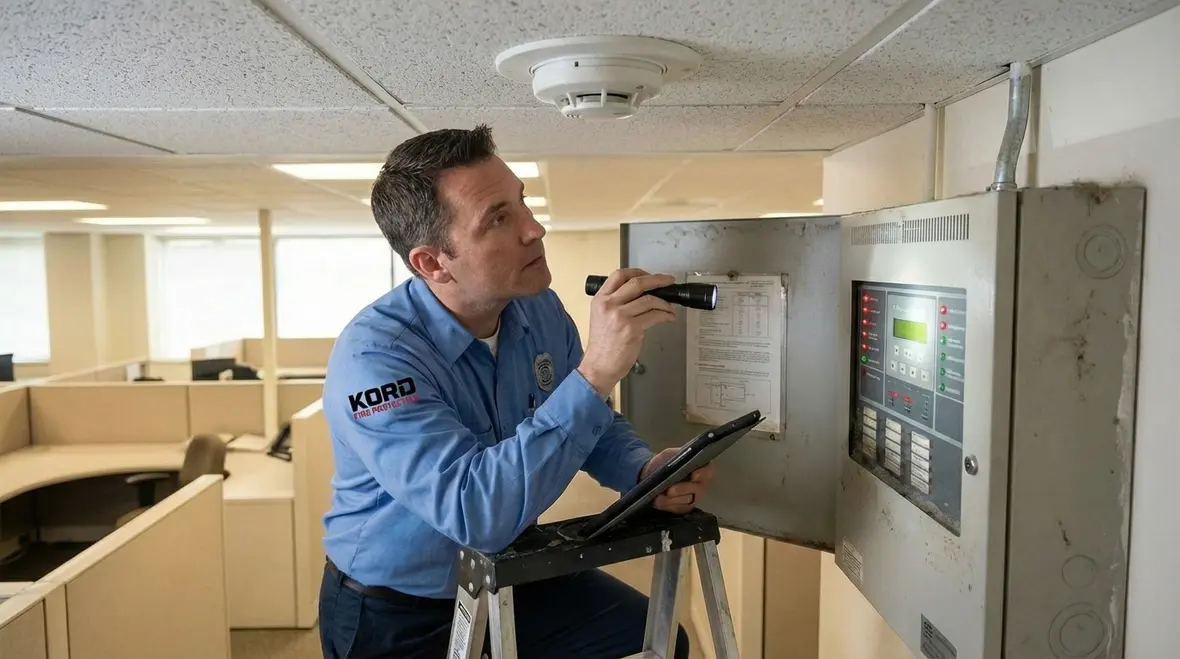 Technician reviewing integrated fire protection system components
