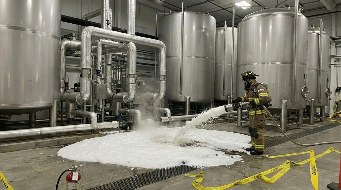Foam water fire protection system for alcohol storage tanks