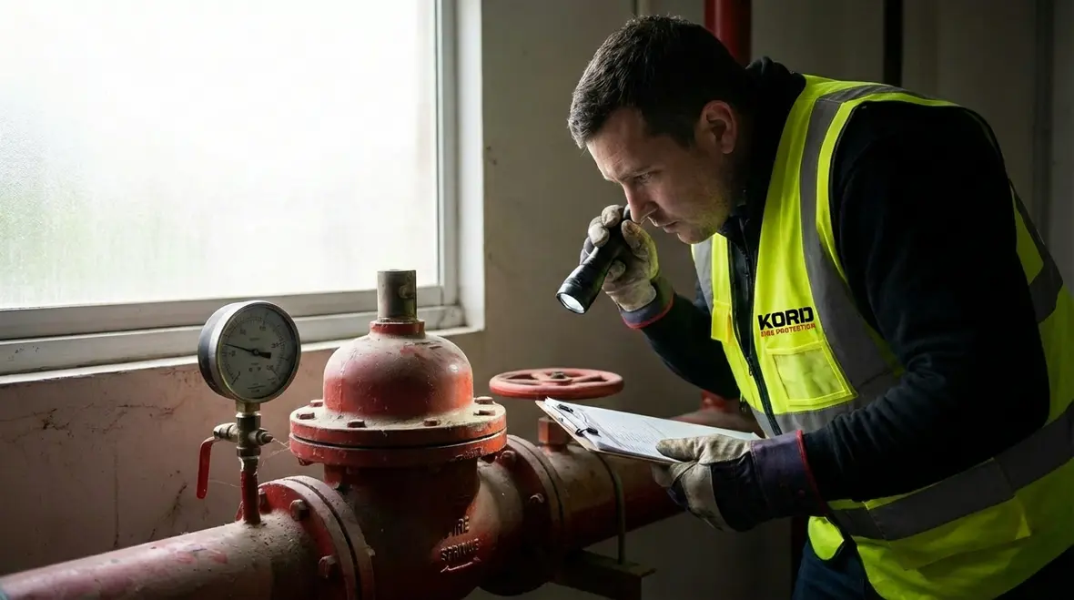 Technician performing fire sprinkler testing in Los Angeles County