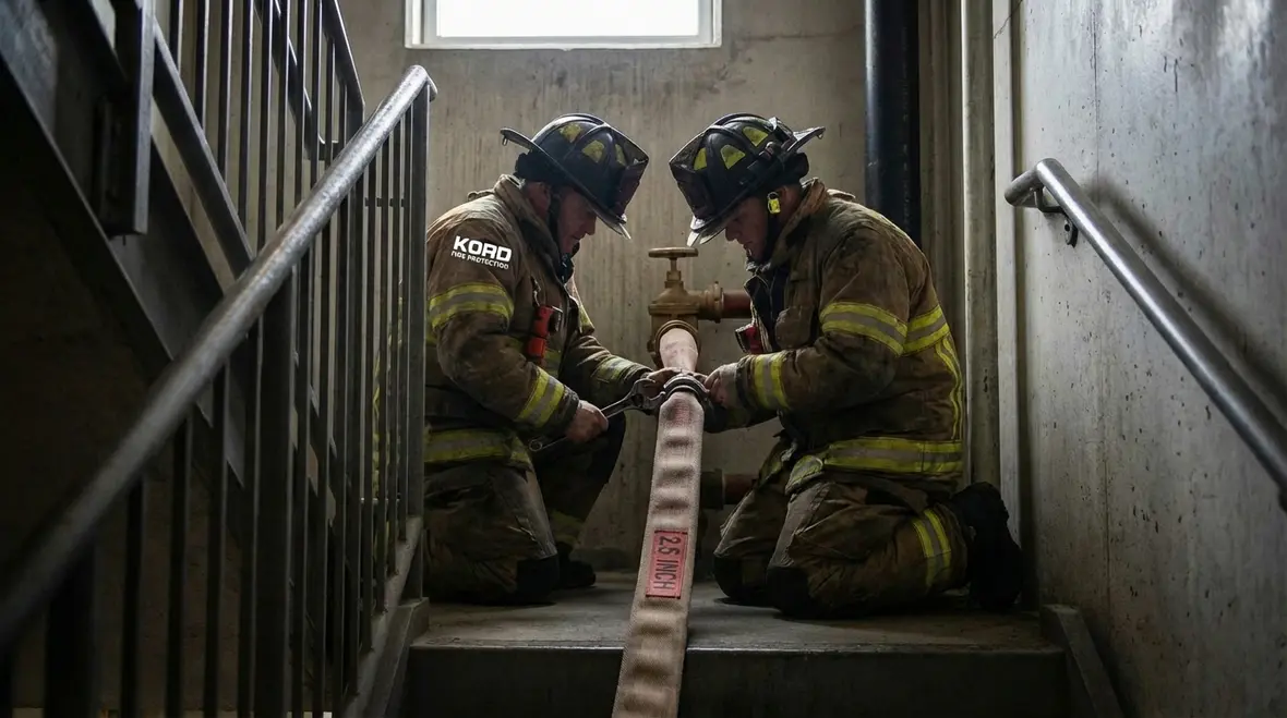 Standpipe hose valve cabinet on a building floor