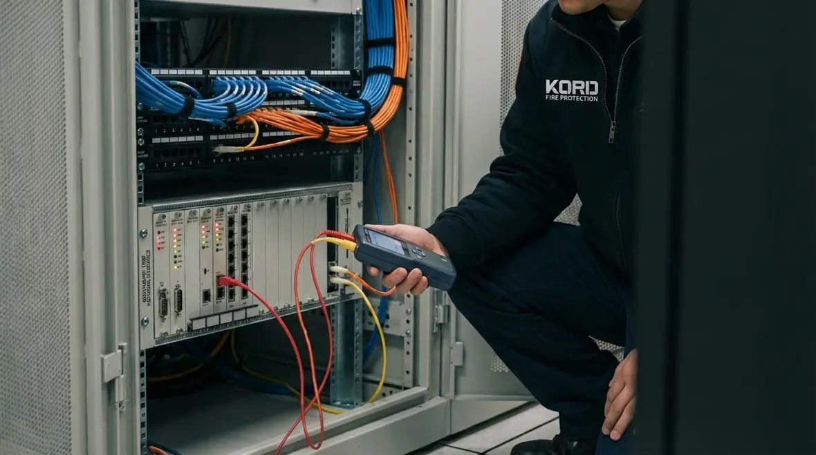 Monitored fire alarm system protecting a commercial property