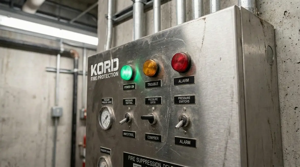 Close-up of fire suppression release panel lights and indicators