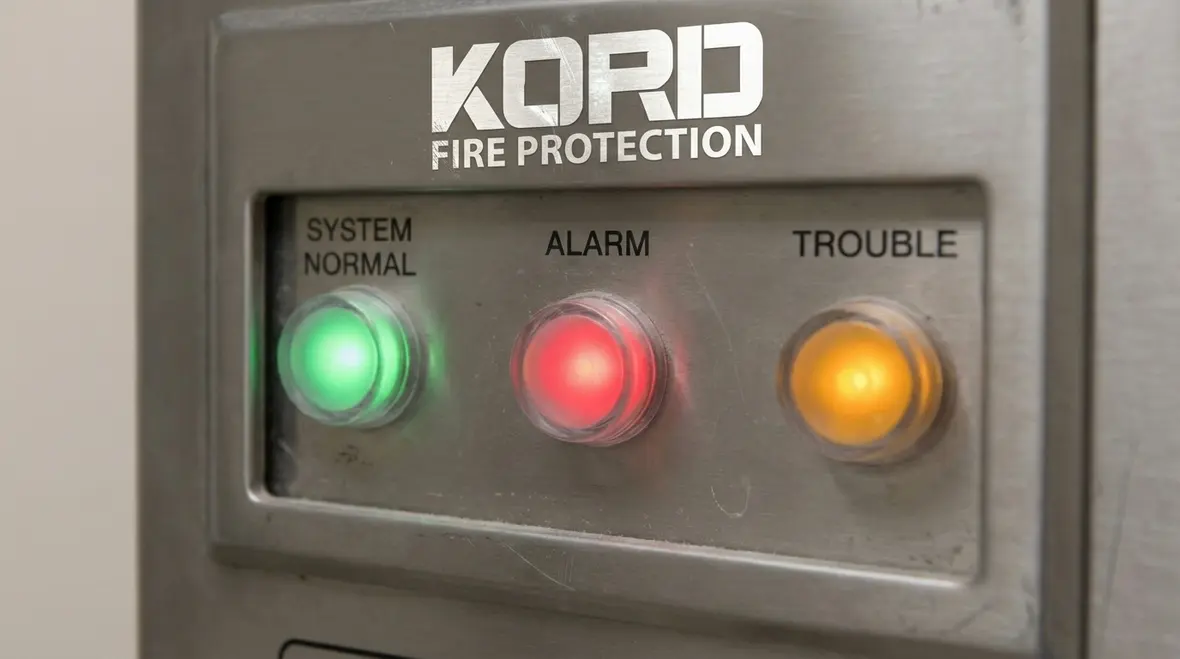 Technician reviewing fire suppression release panel indicators