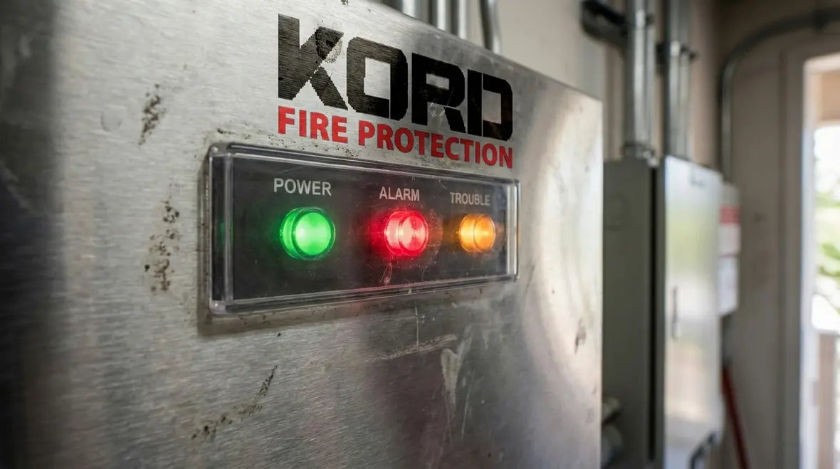 Technician reviewing a fire suppression release panel in a mechanical room