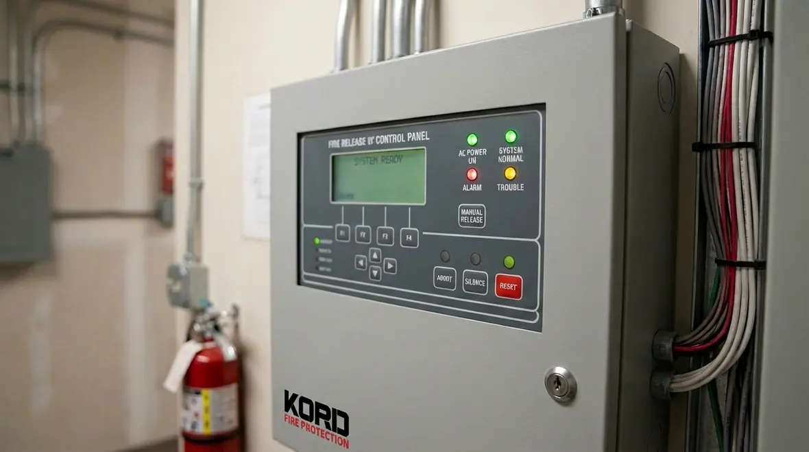 Fire suppression release panel with status indicators