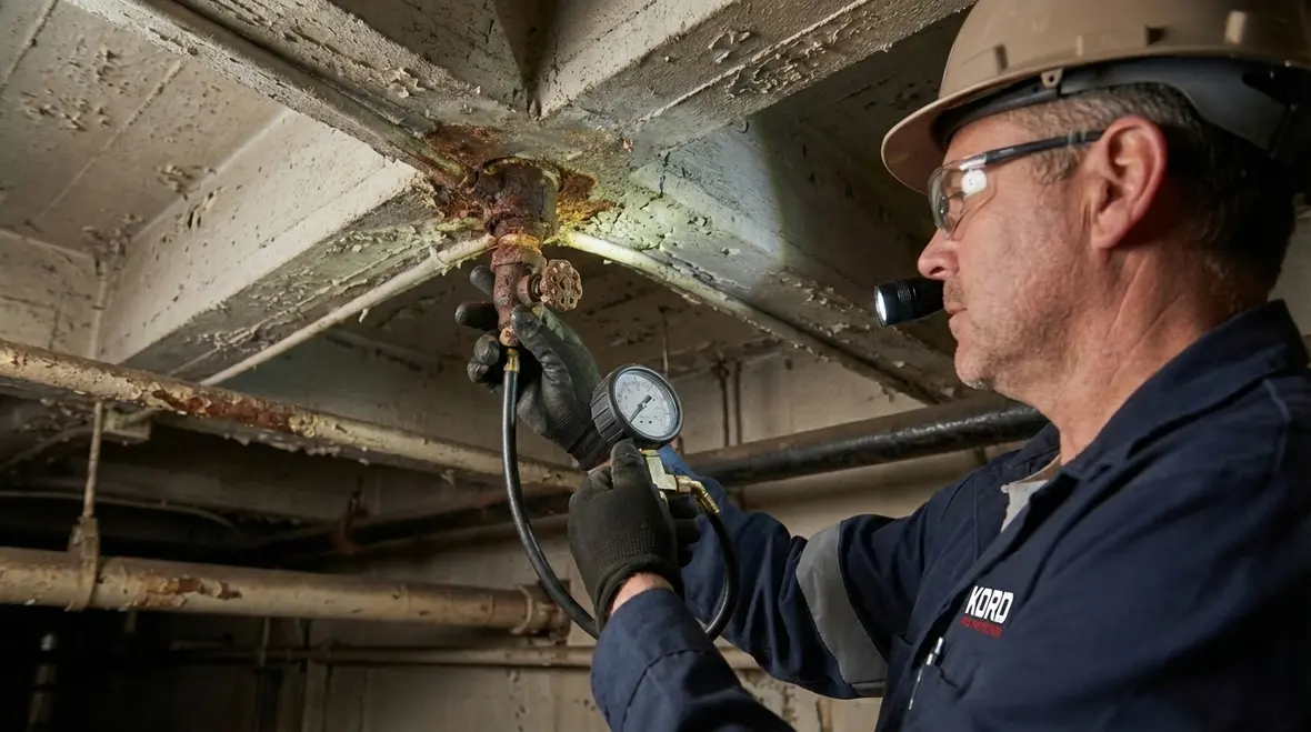 Technician reviewing commercial fire sprinkler upgrade options with building manager