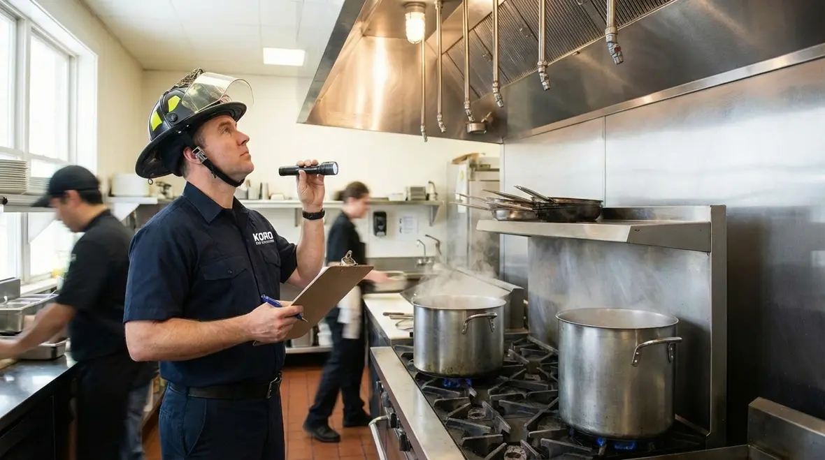Technician reviewing restaurant hood fire suppression checklist