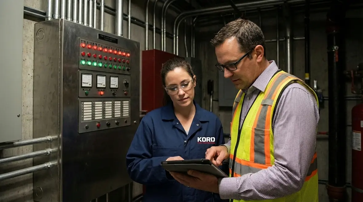 Fire suppression system technician reviewing maintenance checklist