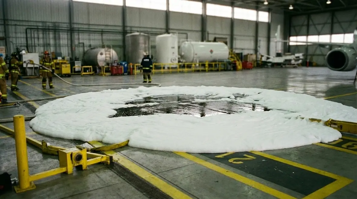 Foam fire suppression system covering flammable liquid hazard