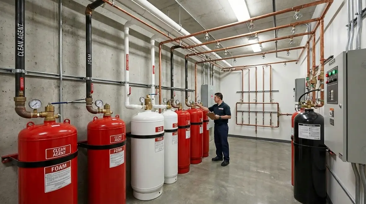 Technician inspecting different fire suppression system types