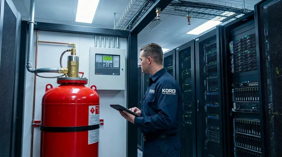 Technician inspecting a fire suppression system control panel