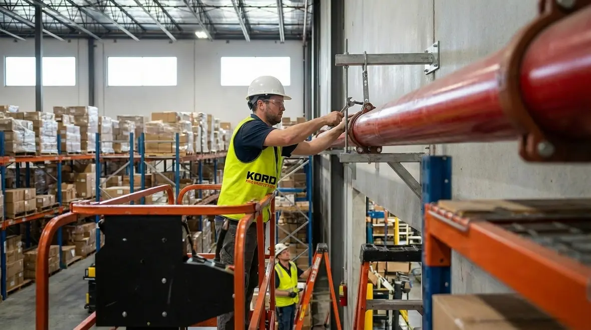 Fire protection technician reviewing compliance reports with a California building owner