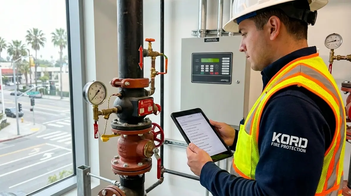 Kord Fire Protection technicians coordinating California fire system testing