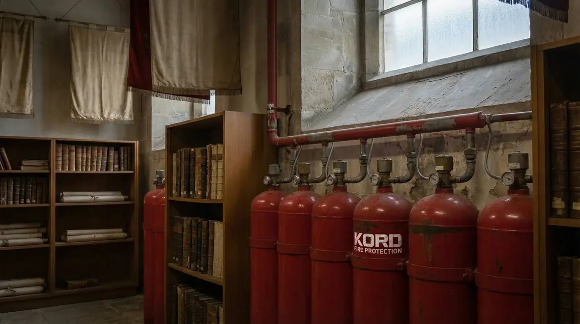 Technician inspecting FM 200 fire suppression cylinders
