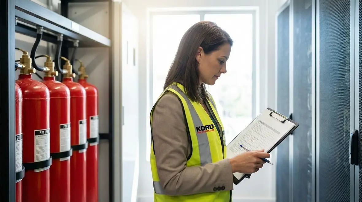 Technician inspecting FM-200 clean agent fire suppression system