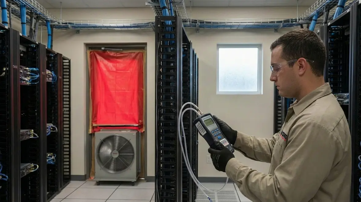 Technician performing room integrity and door fan testing