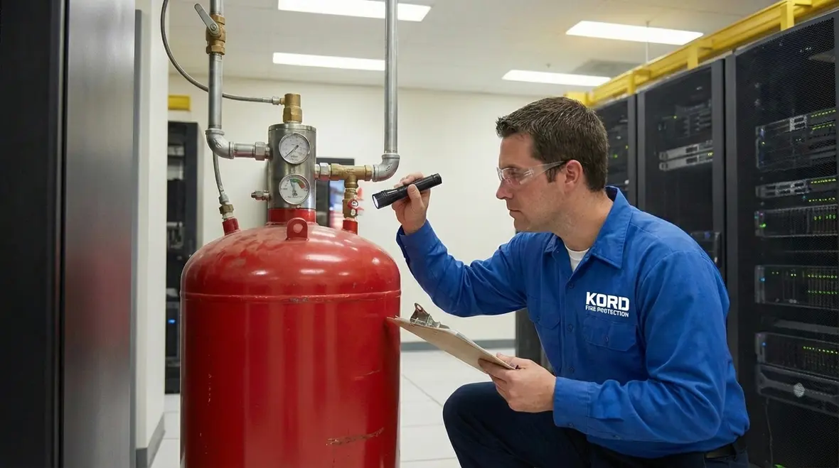 FM 200 fire suppression piping and cylinders in equipment room