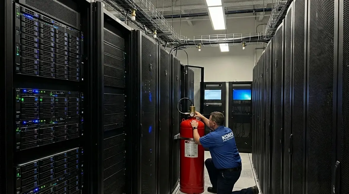 FM-200 fire suppression cylinders protecting server room