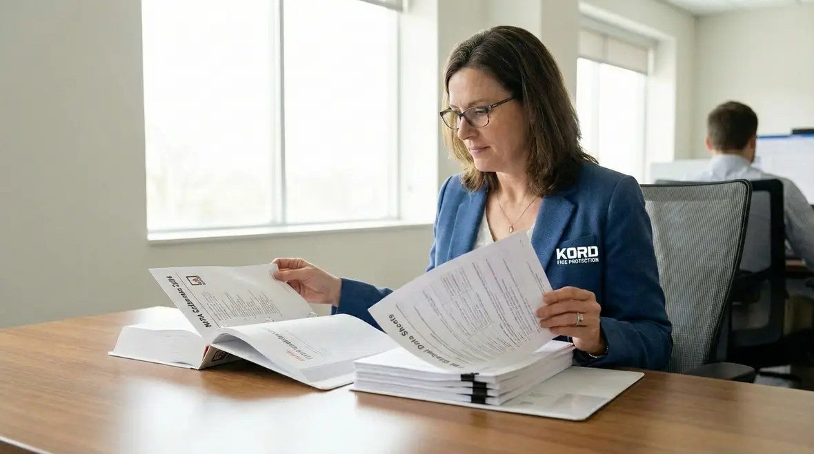 Engineers reviewing NFPA and FM Global fire protection requirements