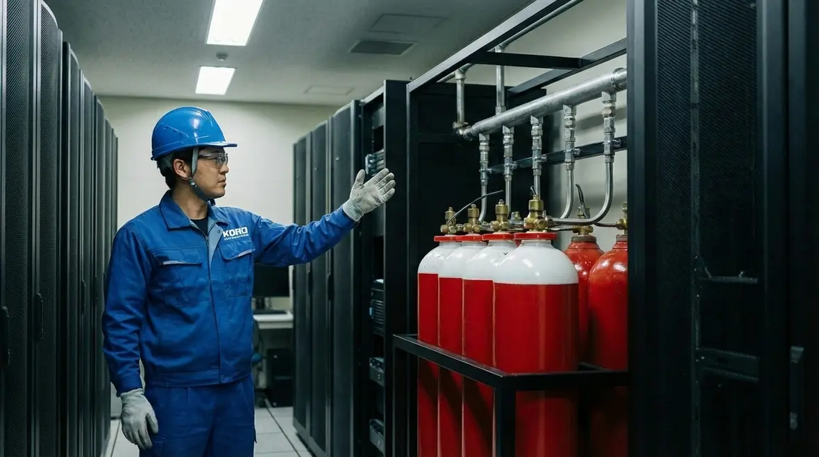 Technician reviewing FM 200, Novec 1230, and inert gas clean agent design