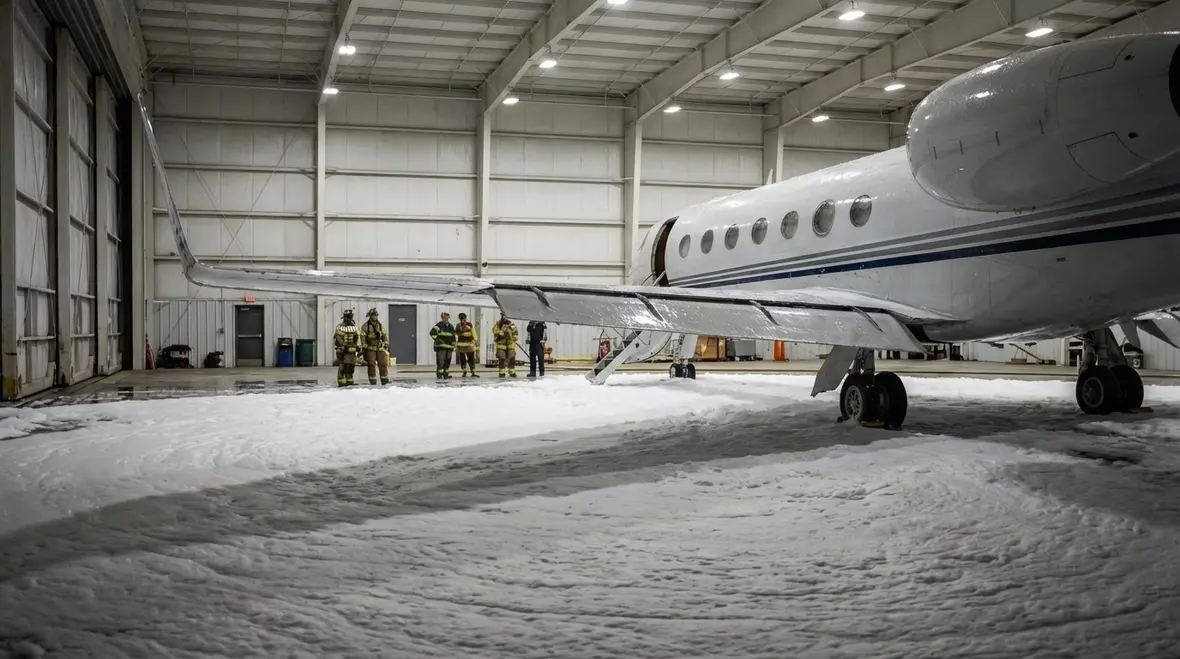 Aircraft hangar protected by foam fire suppression system