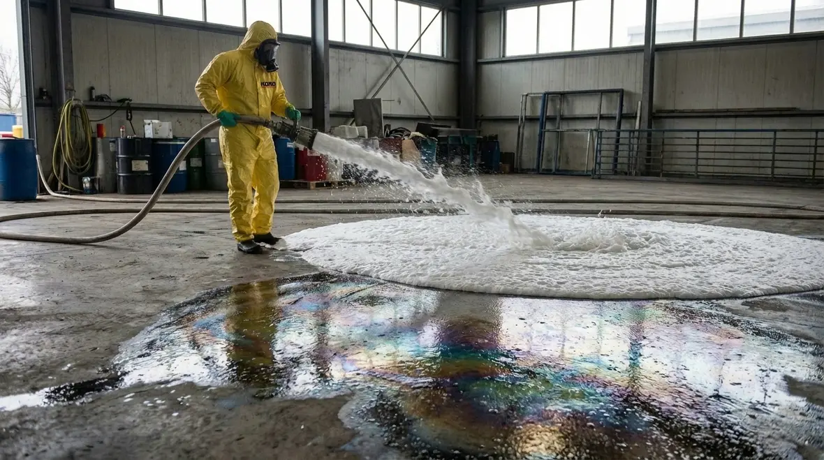 Foam blanket covering a flammable liquid spill
