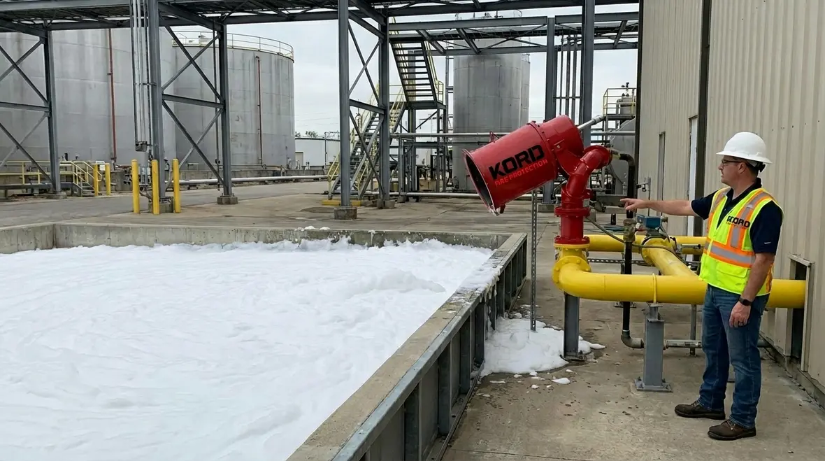 Foam fire protection system covering fuel spill