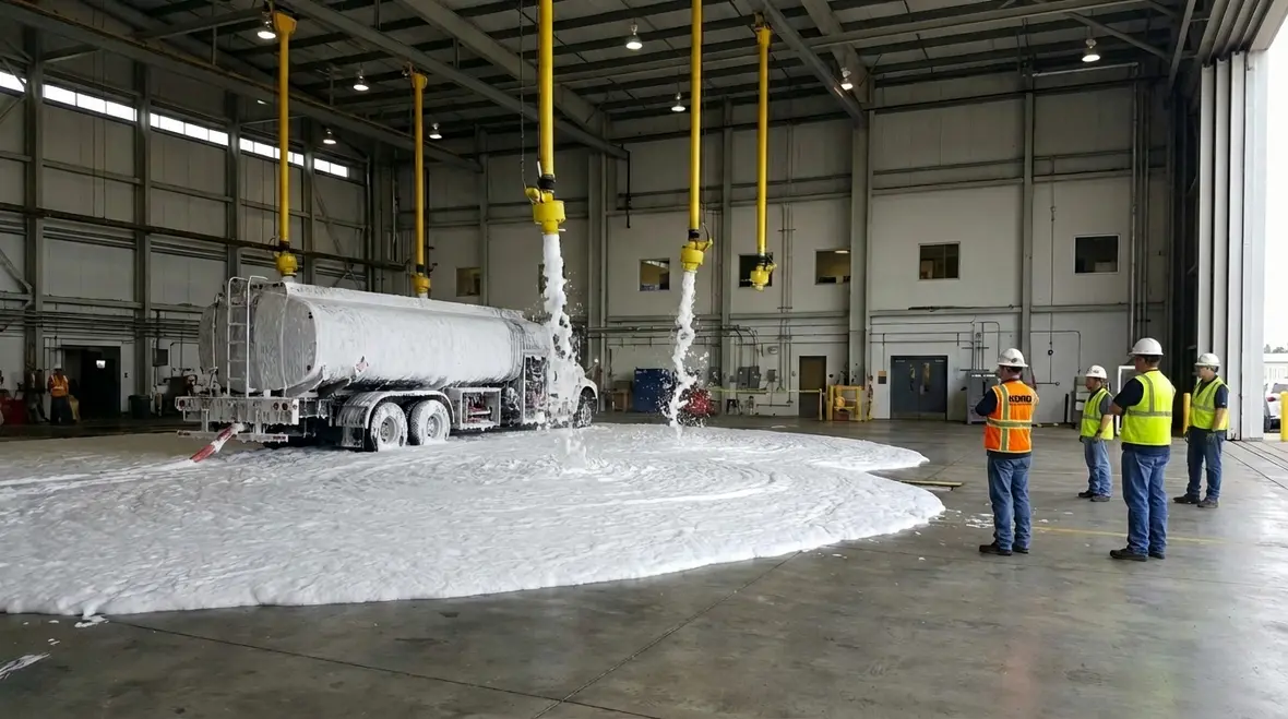 Foam fire protection system in action