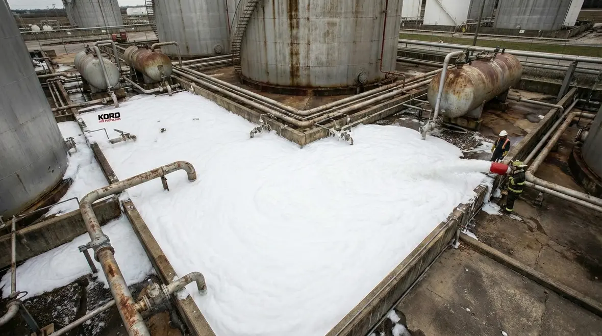 High expansion foam filling an aircraft hangar during fire protection test