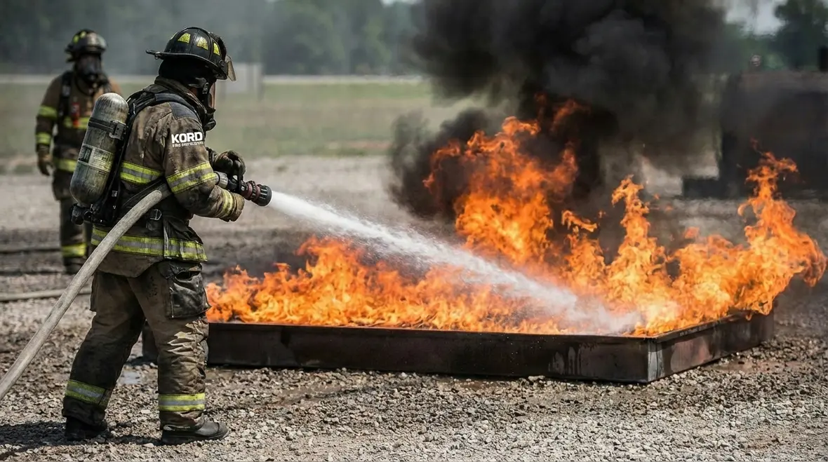 Firefighting foam blanket covering flammable liquid surface
