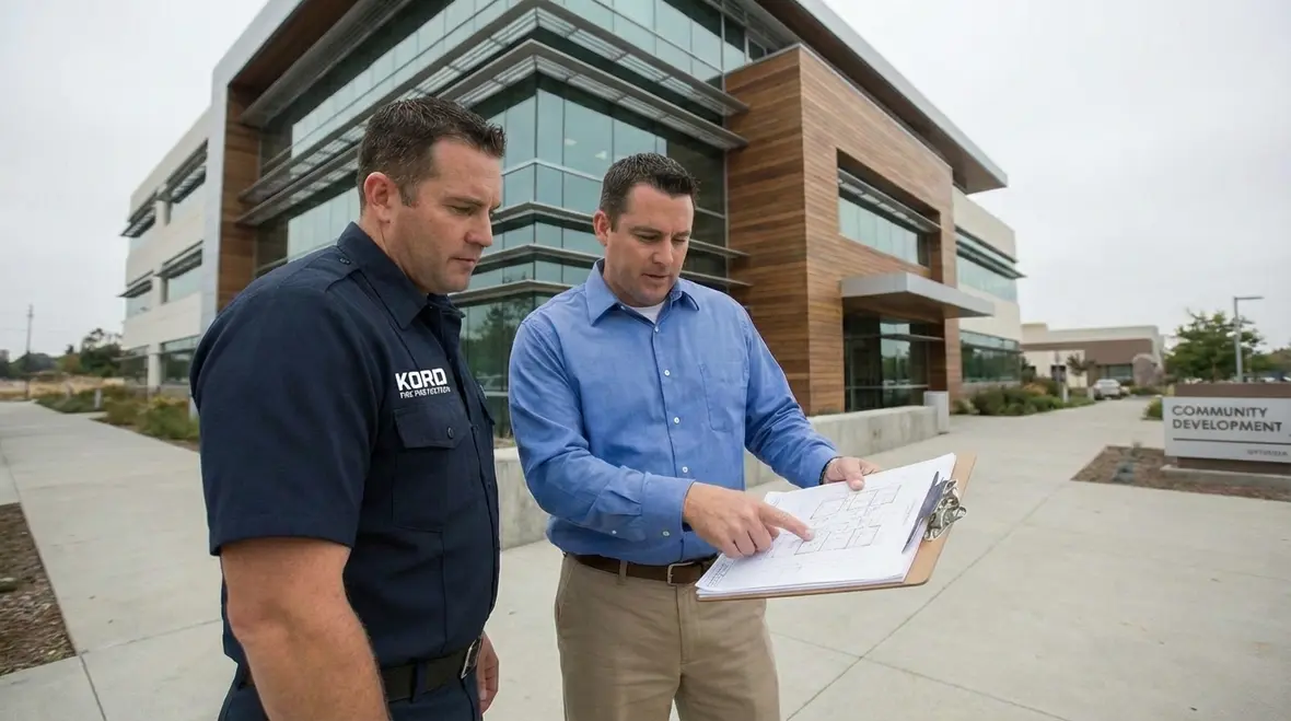 Fire marshal reviewing Camarillo fire safety code compliance in a commercial building