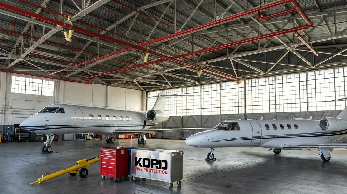Engineered hangar foam system layout and discharge devices