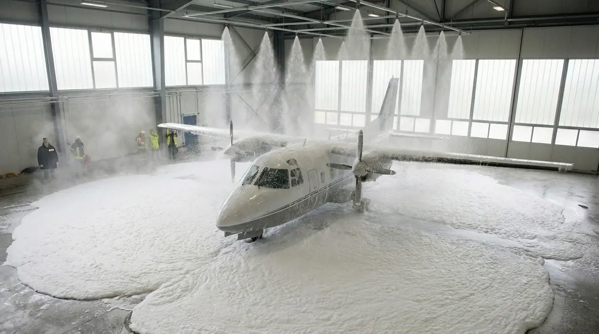 Foam blanket covering hangar floor to control jet fuel fire risk