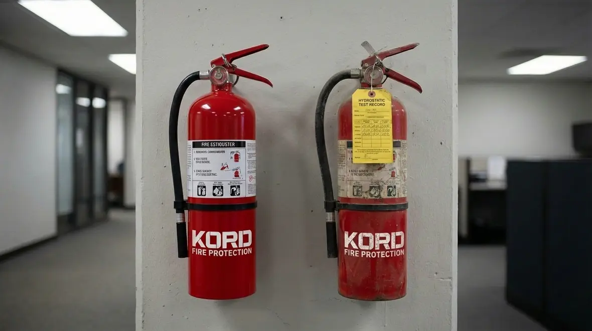 Fire extinguisher lined up for inspection and service