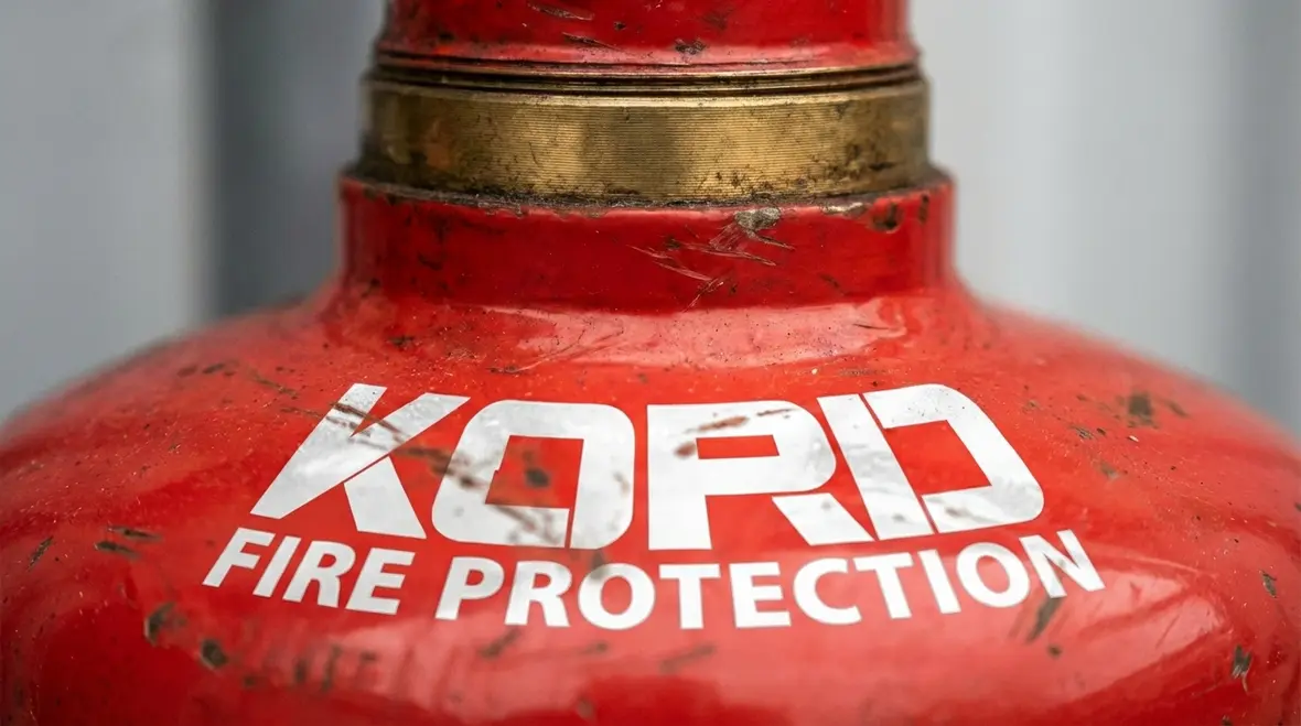Technician checking fire extinguisher expiration date on cylinder