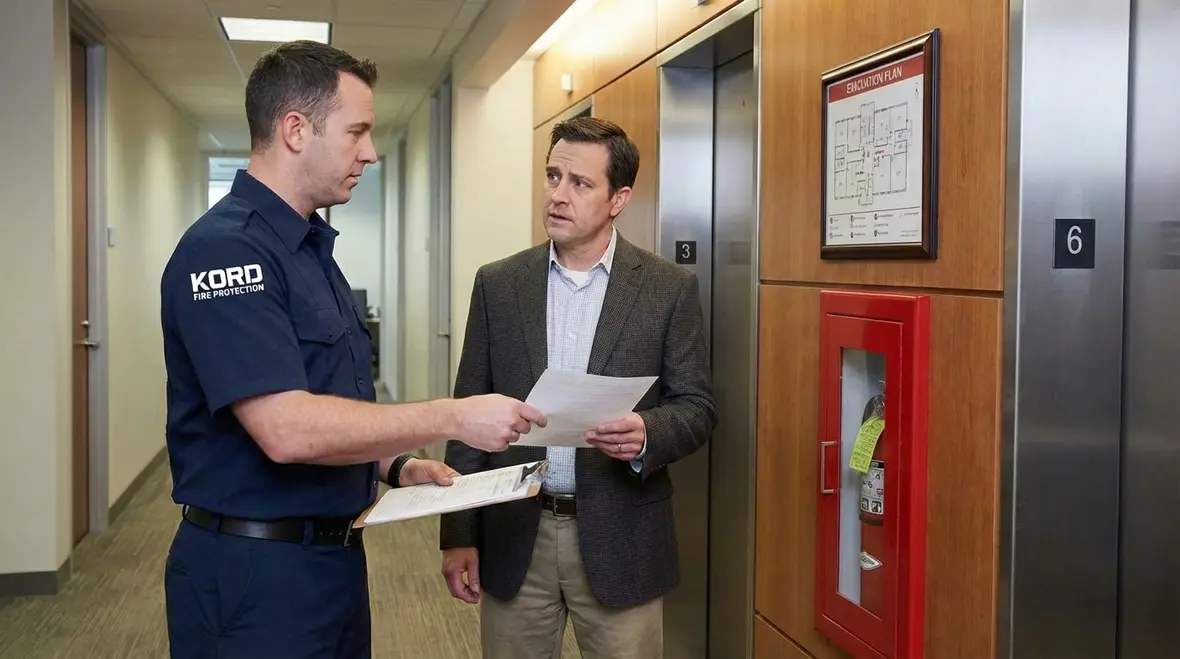 Fire inspector reviewing violation notice in Los Angeles
