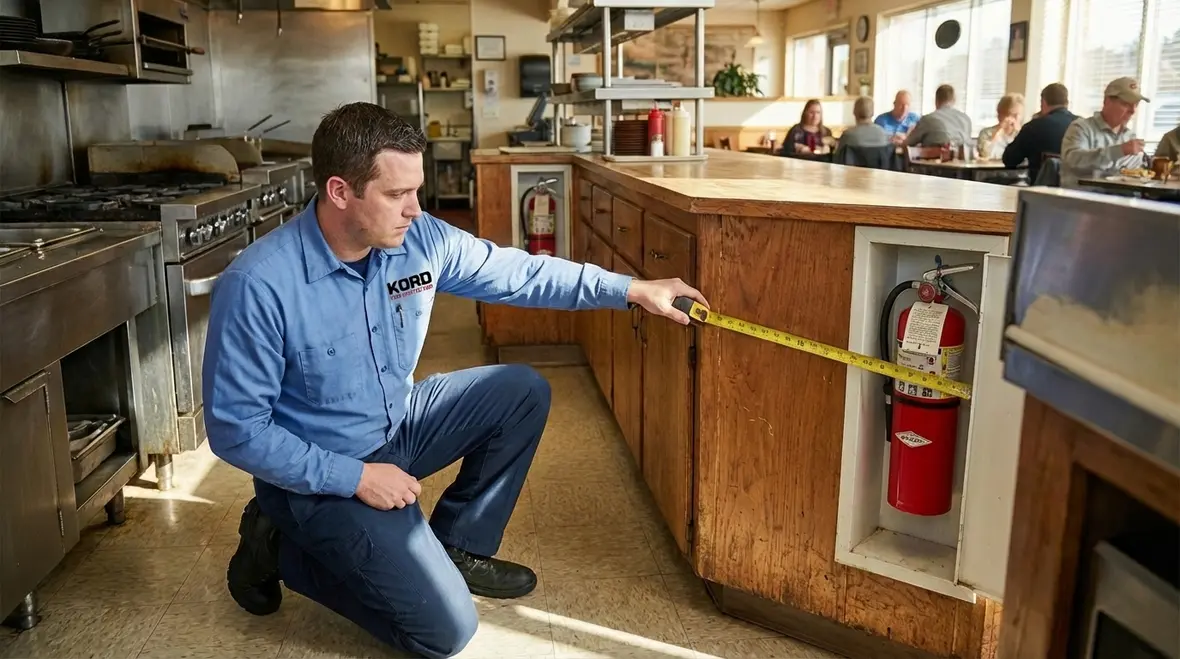 Fire extinguisher near a restaurant dining room exit