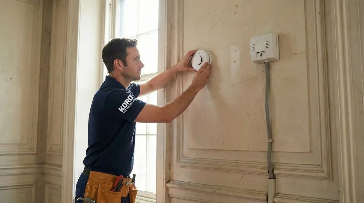 Technician explaining how smoke detectors communicate with alarm panels