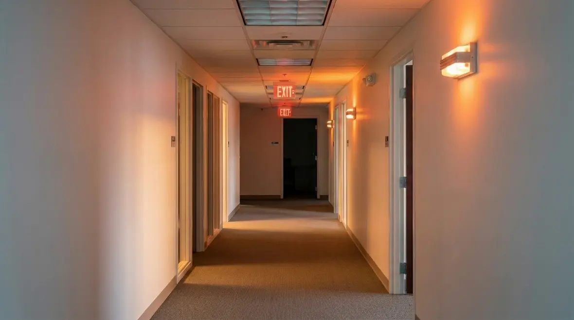 Row of business fire extinguishers lined up for inspection