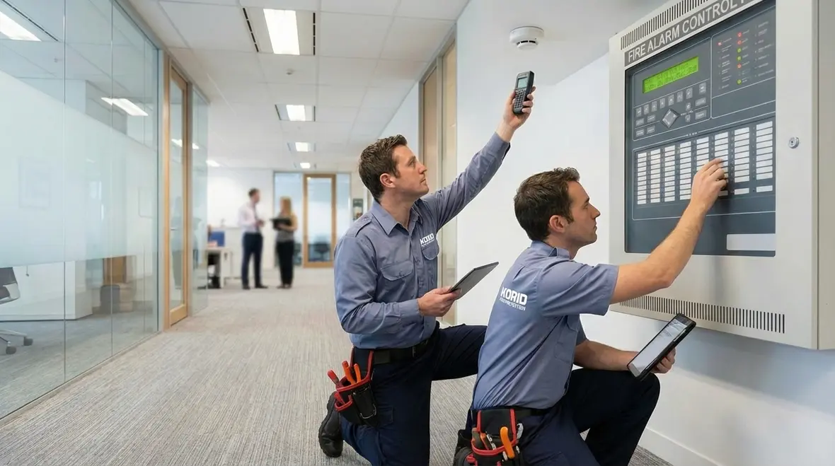 Technician reviewing a business fire inspection checklist