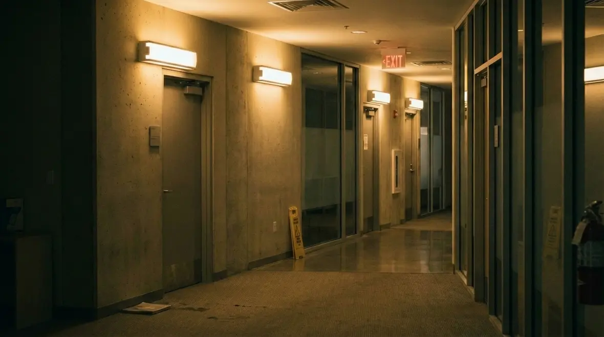 Emergency exit corridor with illuminated exit sign and emergency lights