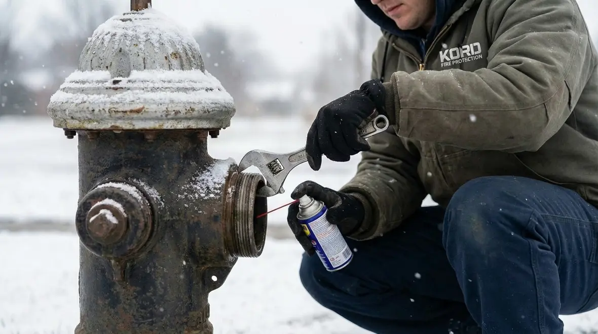Close up of fire hydrant components at risk of freezing
