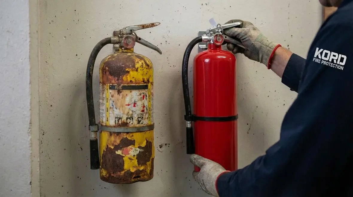 Technician recharging a commercial fire extinguisher